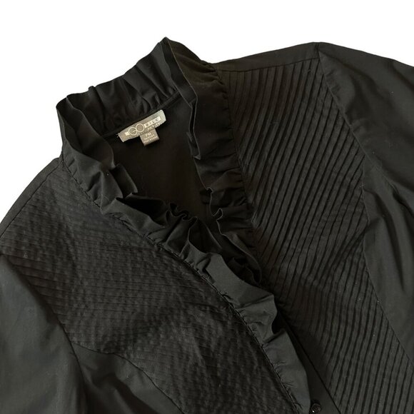 Go Silk Ruffle Collar Pintuck Button Up Blouse in Black Size MP - Picture 1 of 7